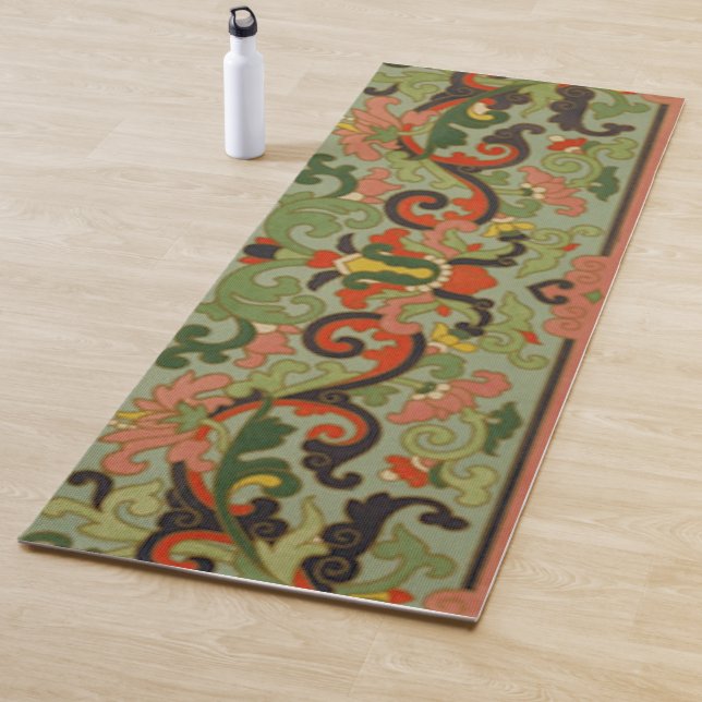 Olive Green Antique Chinese Abstract Pattern Yoga Mat (In Situ)