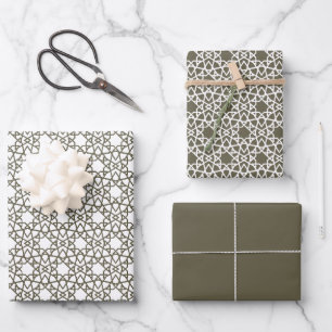 Olive Green Arabesque Pattern Design Wrapping Paper Sheet