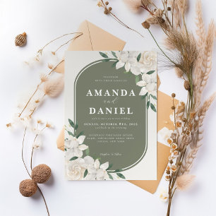 Olive Green Arch White Floral Wedding Invitation