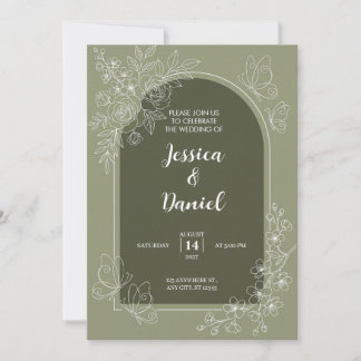 Olive Green Arch White Line Wedding Invitation