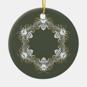 Olive Green Bee Circle Ceramic Ornament