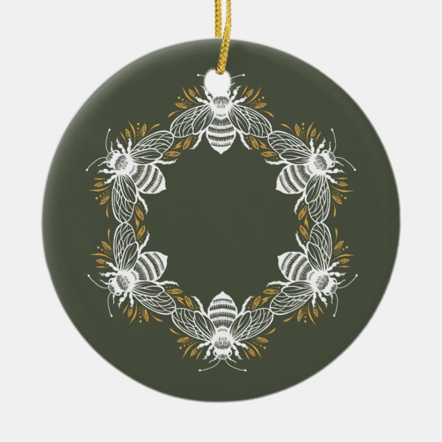 Olive Green Bee Circle Ceramic Ornament (Front)