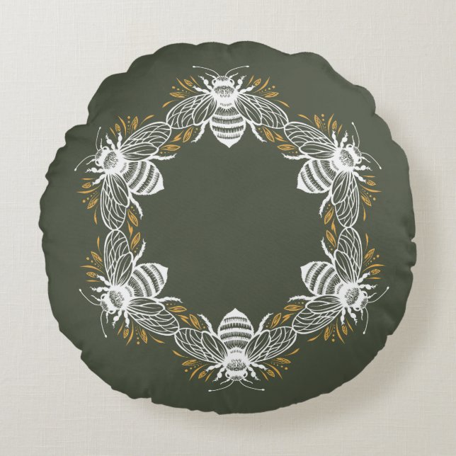 Olive Green Bee Circle Round Pillow (Front)