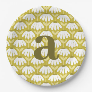 Olive Green Birthday Monogram Daisies Floral Paper Plate