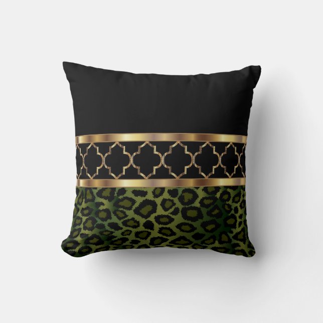 Olive Green, Black & Gold Quatrefoil and Leopard Throw Pillow (Front)
