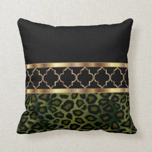 Olive Green, Black & Gold Quatrefoil and Leopard Throw Pillow