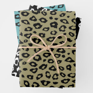 Olive Green Black Leopard Print Wrapping Paper Sheet
