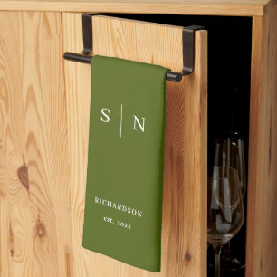 Olive Green Black Monogram and Date Kitchen Towel