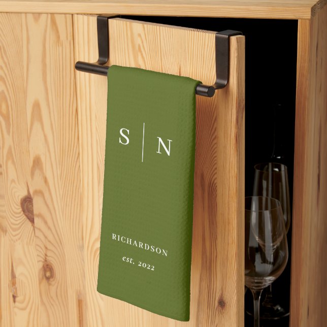 Olive Green | Black Monogram and Date Kitchen Towel (Thirds Fold)