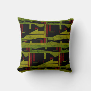 Olive Green Black Red Abstract Large Mosaics Motif Throw Pillow