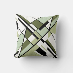 Olive Green Black White Diagonal Angular Design Throw Pillow