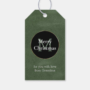 Olive Green Black White Gold Monogram Christmas Gift Tags