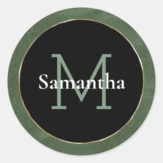Olive Green Black White Gold Monogram Classic Round Sticker (Front)