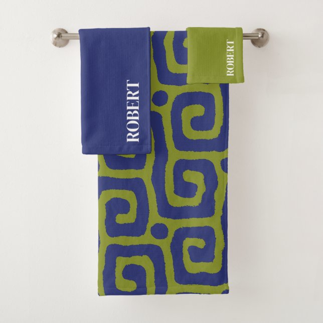  Olive Green &blue Abstract Custom Name Bath Towel Set (Insitu)