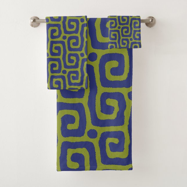 Olive Green &blue Abstract Pattern Bath Towel Set (Insitu)