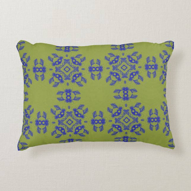 Olive Green & Blue Korean Pattern Pillow (Front)