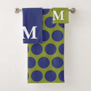  Olive Green &blue Polka dots monogram initial Bath Towel Set