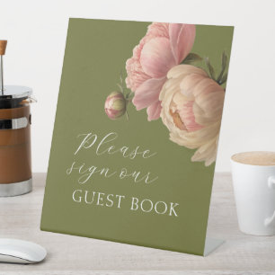 Olive Green Blush Rose Wedding Guest Book Pedestal Sign