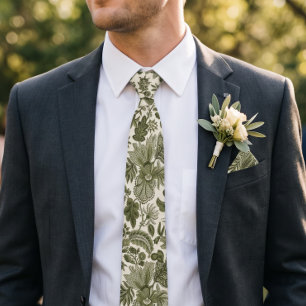 Olive Green Boho Vintage Floral Print Tie