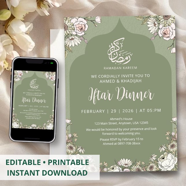 Olive Green Botanical Islamic Arch Iftar Dinner Invitation (Creator Uploaded)
