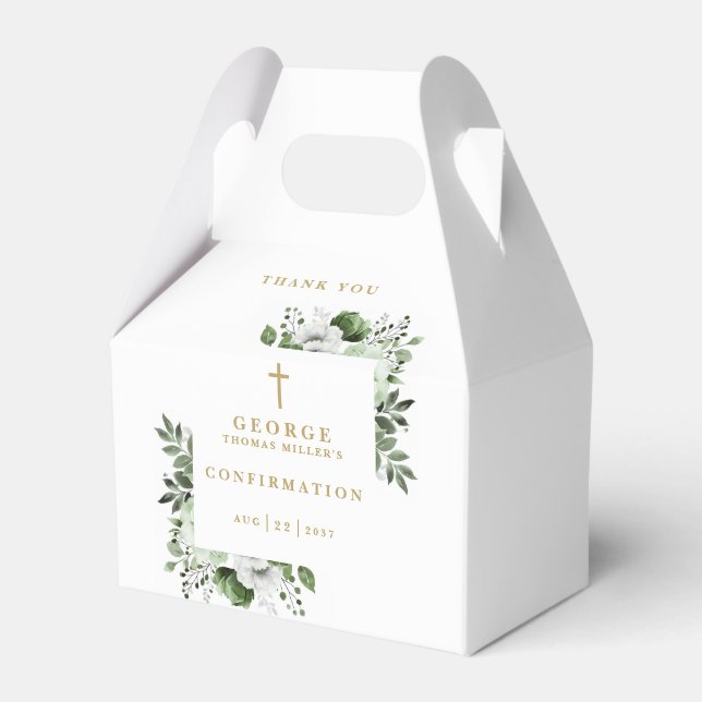 Olive Green Botanical Modern Confirmation Favor Box (Front Side)