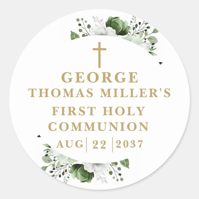 Olive Green Botanical Modern Holy Communion Classic Round Sticker (Front)