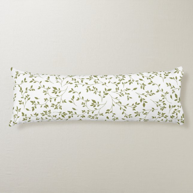 Olive Green Botanical Vine Leaf Pattern on White Body Pillow (Front)