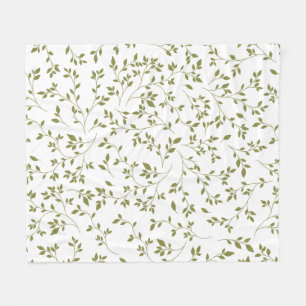 Olive Green Botanical Vine Leaf Pattern on White Fleece Blanket
