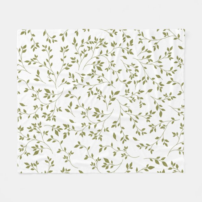 Olive Green Botanical Vine Leaf Pattern on White Fleece Blanket (Front (Horizontal))