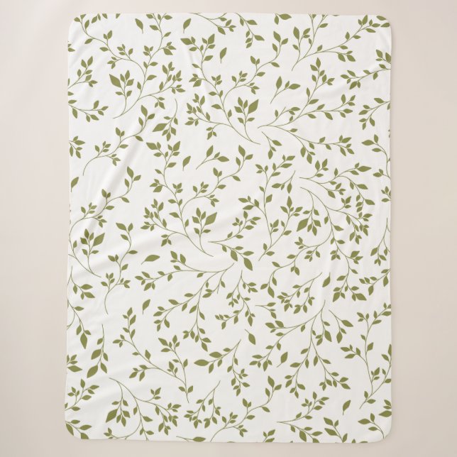 Olive Green Botanical Vine Leaf Pattern on White Sherpa Blanket (Front)