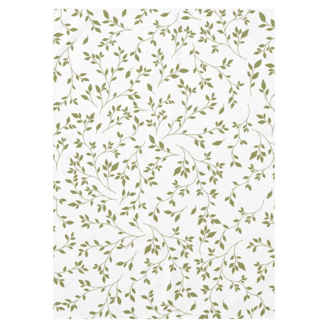 Olive Green Botanical Vine Leaf Pattern on White Tablecloth (Front)