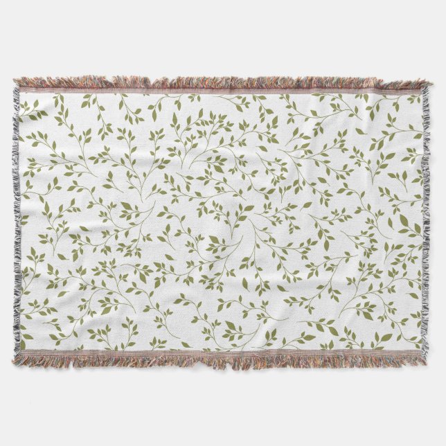 Olive Green Botanical Vine Leaf Pattern on White Throw Blanket (Front)