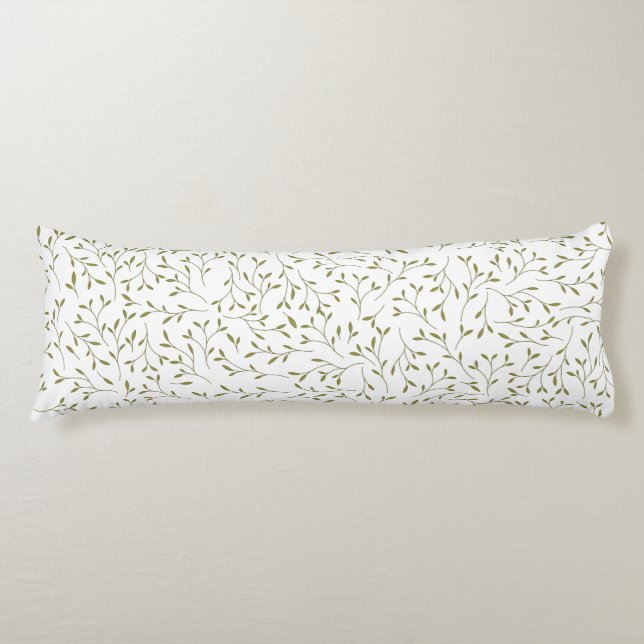 Olive Green Botanical Vine Pattern on White Body Pillow (Front)