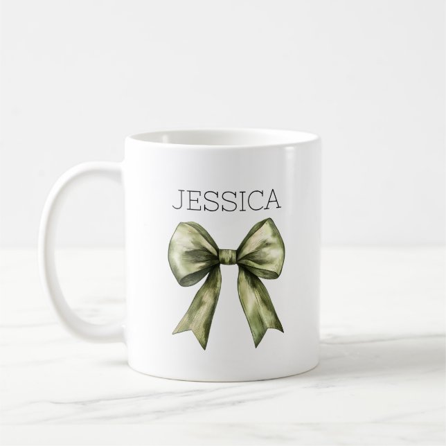 Olive Green Bow Name Modern Rustic Minimalist Coffee Mug (Left)