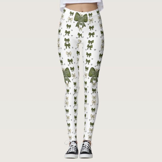 Olive Green Bows Leggings (Front)