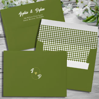 Olive Green checkered Retro Initials Wedding Envelope