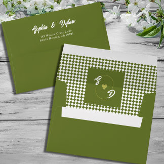 Olive Green checkered Retro Minimalist Wedding Envelope