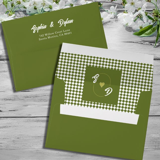 Olive Green checkered Retro Minimalist Wedding Envelope (Creator Uploaded)
