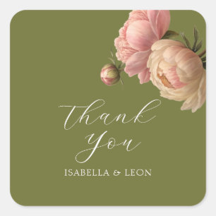 Olive Green Chic Blush Script Rose Wedding Square Sticker