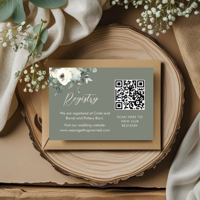 Olive Green Chic Floral QR Code Wedding Registry Enclosure Card (Creator Uploaded)