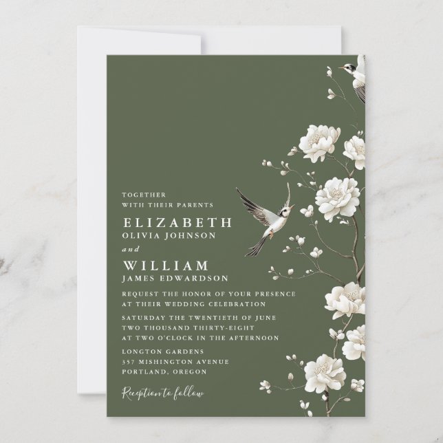 Olive Green Chinoiserie Floral QR Code Wedding Invitation (Front)