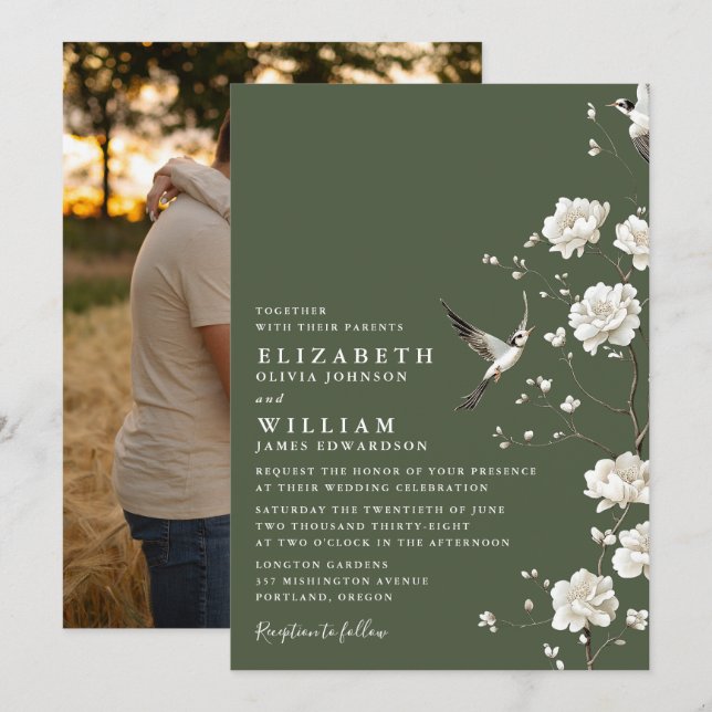 Olive Green Chinoiserie Floral Wedding Photo Invitation (Front/Back)