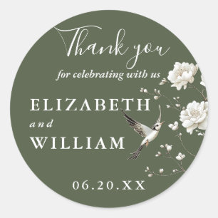 Olive Green Chinoiserie Floral Wedding Thank You Classic Round Sticker