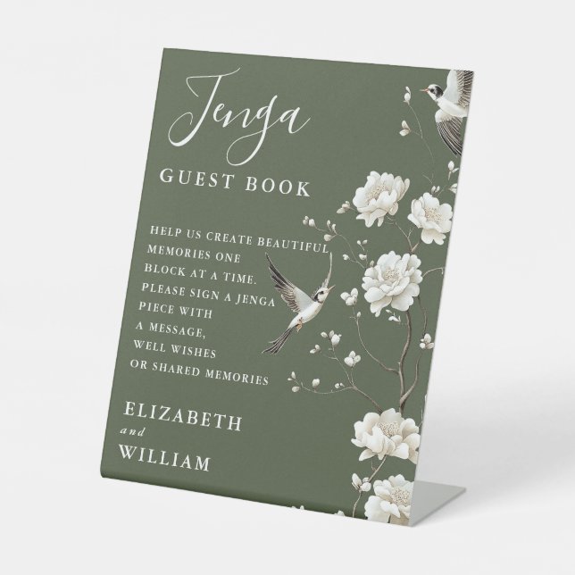 Olive Green Chinoiserie Jenga Guest Book Wedding Pedestal Sign (Front)