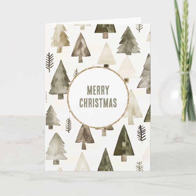 Olive Green Christmas Trees Gold Glitter Circle Card (Front)