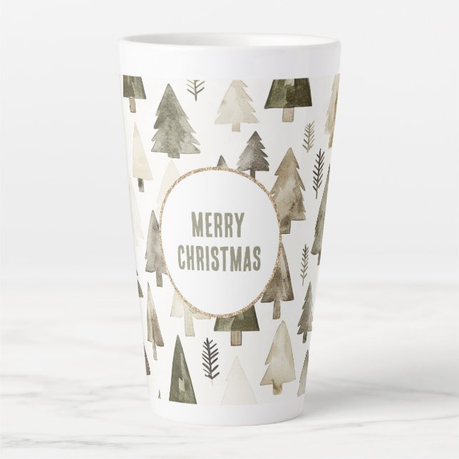 Olive Green Christmas Trees Gold Glitter Circle Latte Mug (Front)