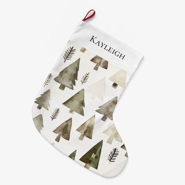 Olive Green Christmas Trees Large Christmas Stocking (Front (Hanging))