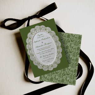 Olive Green Classic Vintage Lace Wedding Invitation