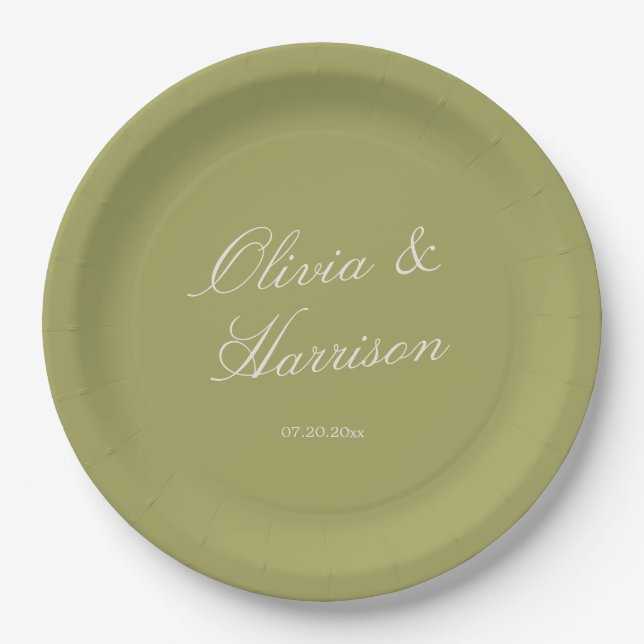 Olive Green Classic Wedding Paper Plate (Front)