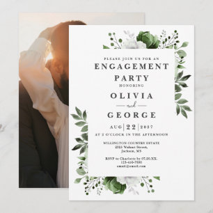 Olive Green Country Floral Engagement Party Photo Invitation